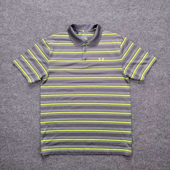 Under Armour Polo Shirt Mens Medium Gray Green Striped Golf‎ Performance Casual - Picture 1 of 9